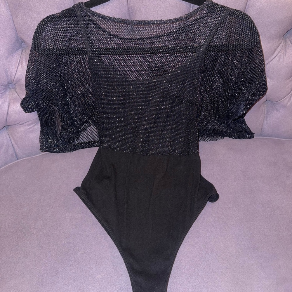 Intimately Free People black spaghetti strap bodysuit with navy/silver overlay